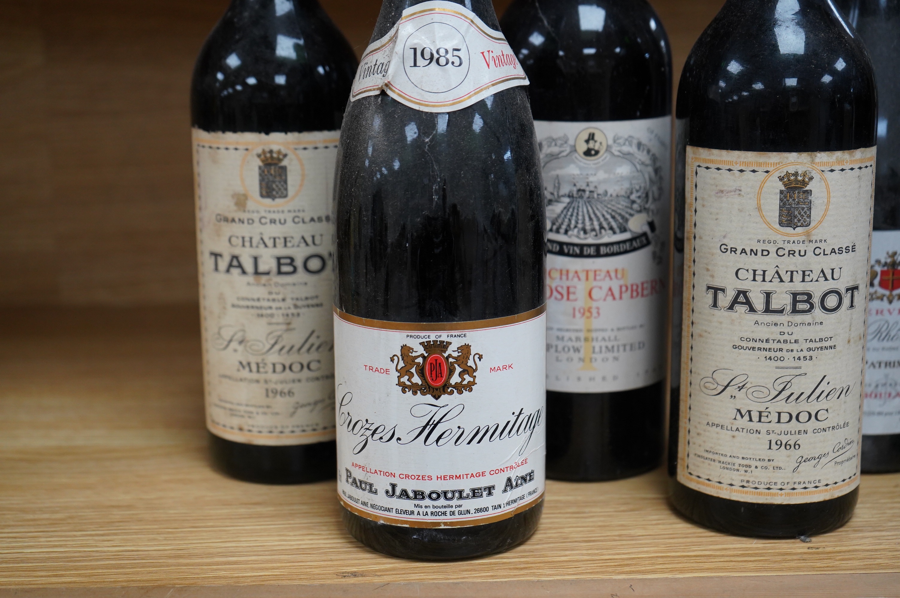 Six bottles of wine comprising two bottles of Chateau Talbot St Julien Medoc grand Cru 1966, one bottle of Chateau La Rose Capbern, Bordeaux 1953, one bottle of Crozes Hermitage vintage 1985, one bottle of Prieure Saint-